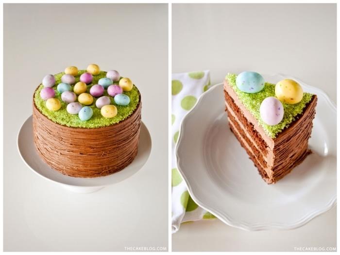 izvirna velikonočna torta s čokoladno glazuro in marshmallowom, posuta z zelenim sladkorjem in okrašena s čokoladnimi jajci