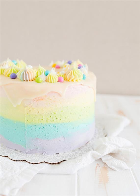 Švelnaus daugiasluoksnio vaivorykštinio pyrago receptas pastelinių atspalvių su baltu šokoladu tekančiu glajumi