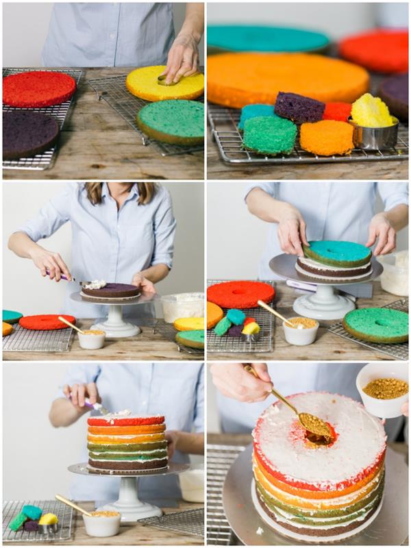 vadnica za sestavljanje mavrične torte iz več plasti biskvita, napolnjene z zlatimi sladkornimi biseri
