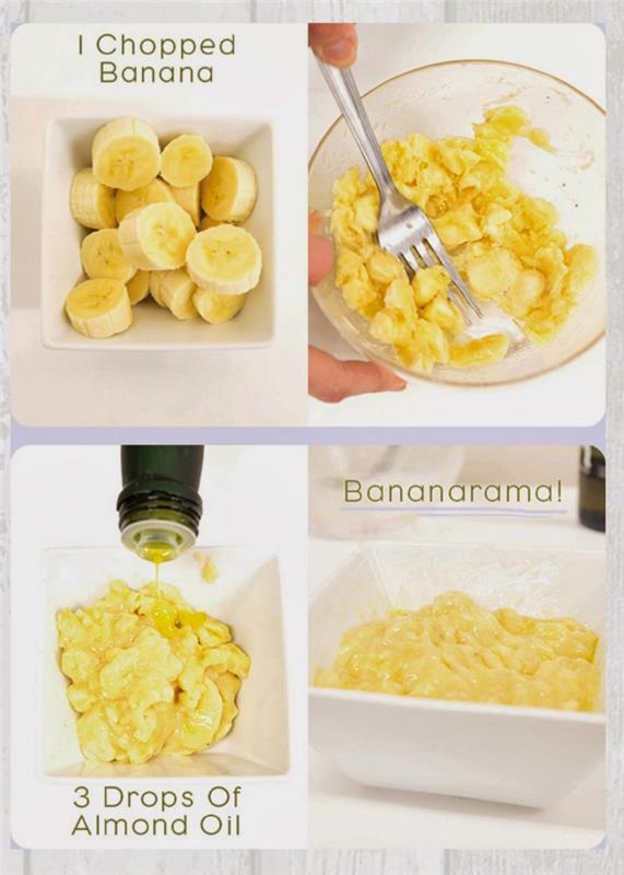 naminė veido kaukė, pagaminta iš dviejų ingredientų - bananų ir migdolų eterinio aliejaus, kad suteiktų švytinčią veido spalvą