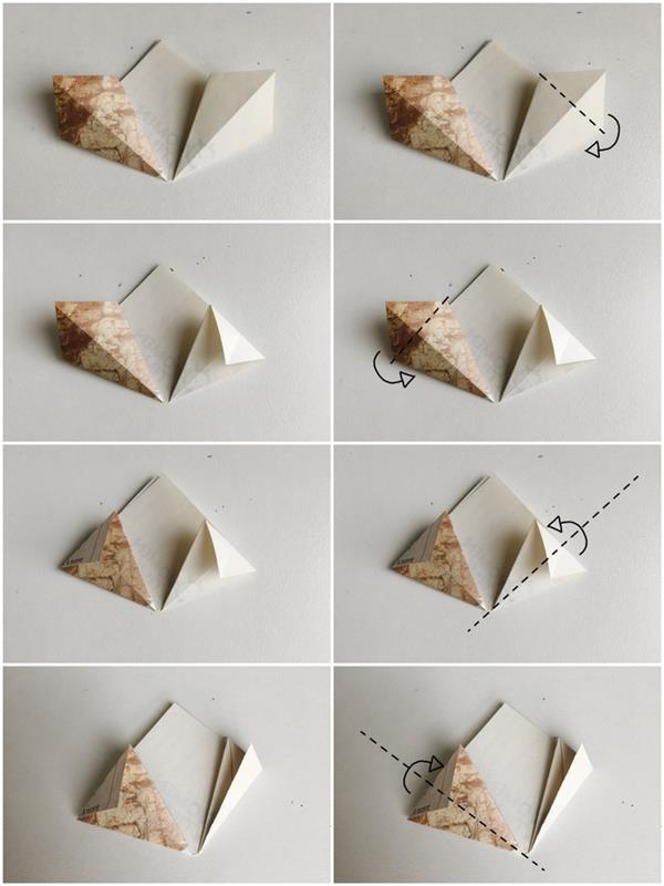 per trumpą laiką pagaminto lengvo origami gėlių modelio sulankstymo žingsniai, su kuriais galite padaryti gražią popierinių gėlių puokštę