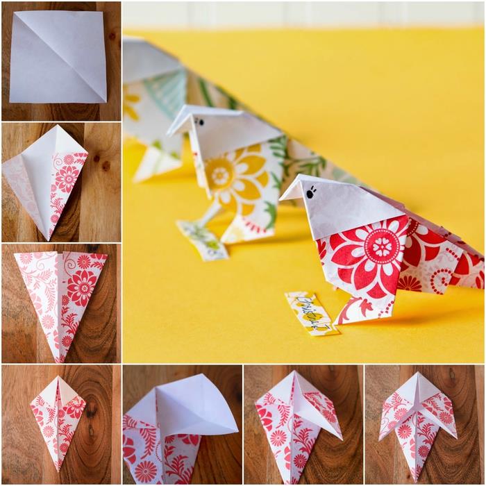 baharın başlangıcını kutlamak için renkli baskılı desenlere sahip bir origami kuş modeli, orijinal bir bahar DIY fikri