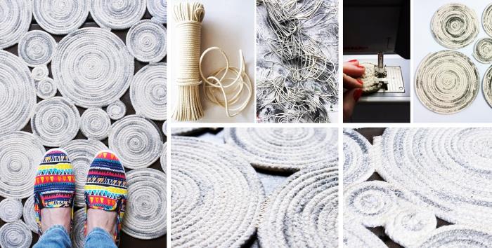 kolay dokuma halı yapmayı öğrenmek için örnek, beyaz ve gri gölgeli ip sarmal desenlerinde kendin yap halı deseni