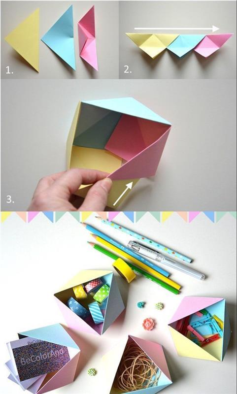 renkli kağıttan yapılmış orijinal ofis aksesuarları, küçük geometrik kutular yapmak için hızlı origami öğreticisi boş cep stili