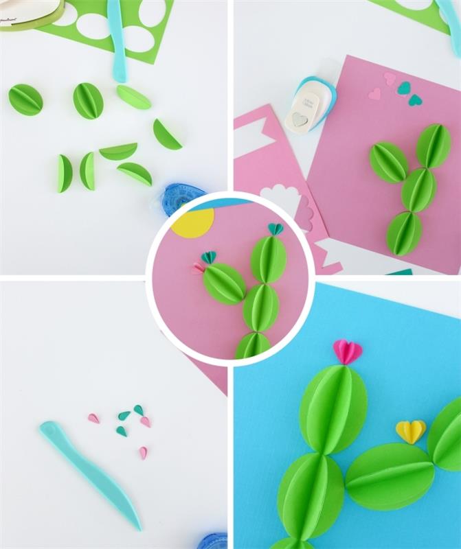 örnek renkli kağıt kaktüslerle kendin yap kartı nasıl yapılır, 3 yaş için kolay aktivite fikri, kolay anneler günü hediyesi