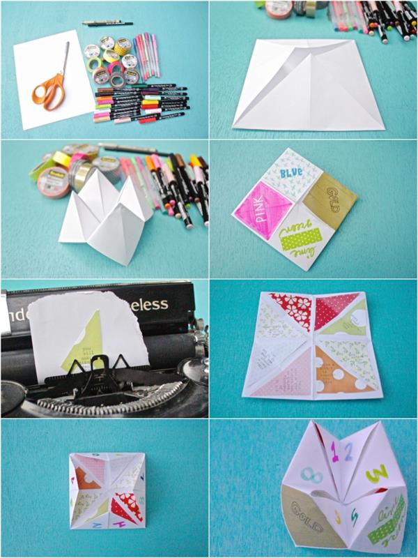 kaip padaryti individualų origami indą, origami indą, dekoruotą atspausdintais raštais ir rašomosios mašinėlės tekstu