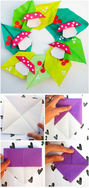 bahar için ideal çocuklar için bir origami manuel aktivite için orijinal fikir, origami yaprakları ve mantarlardan yapılmış bir kağıt çelenk nasıl yapılır