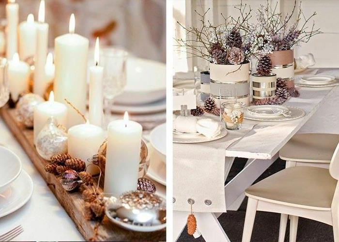 lesena deska kot božična dekoracija, prižgane bele sveče, dolga bela poslikana miza, suhe vejice