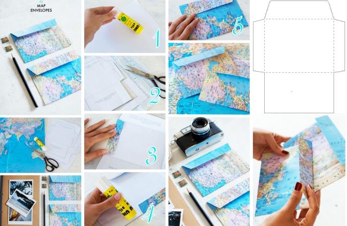 kraft zarf, dünya haritası ve yapıştırıcı içeren bir kağıt kullanarak zarf yapmak için izlenecek adımlar