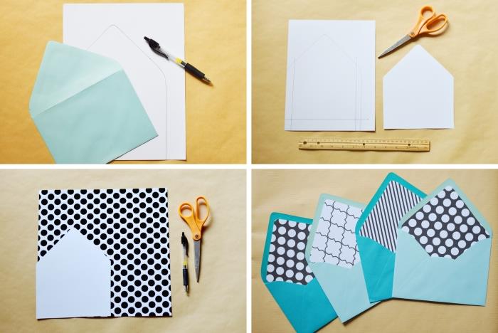 a4 sayfalık bir zarf yapın, bir zarfı kişiselleştirmek için bir parça geometrik tasarım kağıdı kesin
