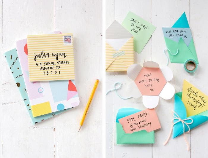kare zarf, renkli kağıt ve geometrik desenlerde kendin yap çeşitli şekillerde bir zarf yapma fikri