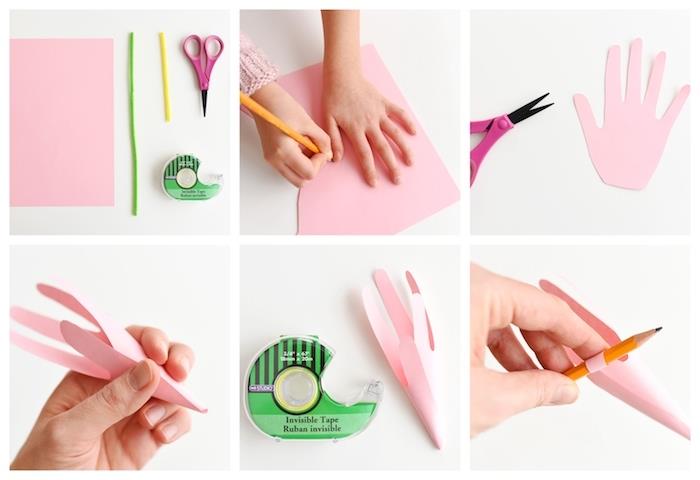 popierinė gėlė, pagaminta iš rožinio popieriaus, paprasta pavasarinė „pasidaryk pats“ idėja su popieriniu žingsnis po žingsnio įgyvendinimu
