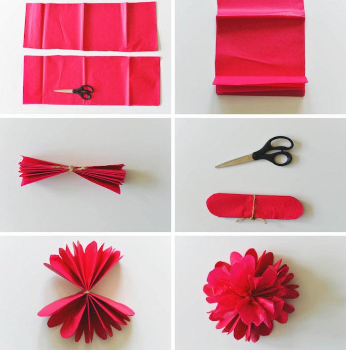 kırmızı kağıt mendil çiçek örneği, akordeon katlanmış kağıt şeritlerinden üretim tekniği