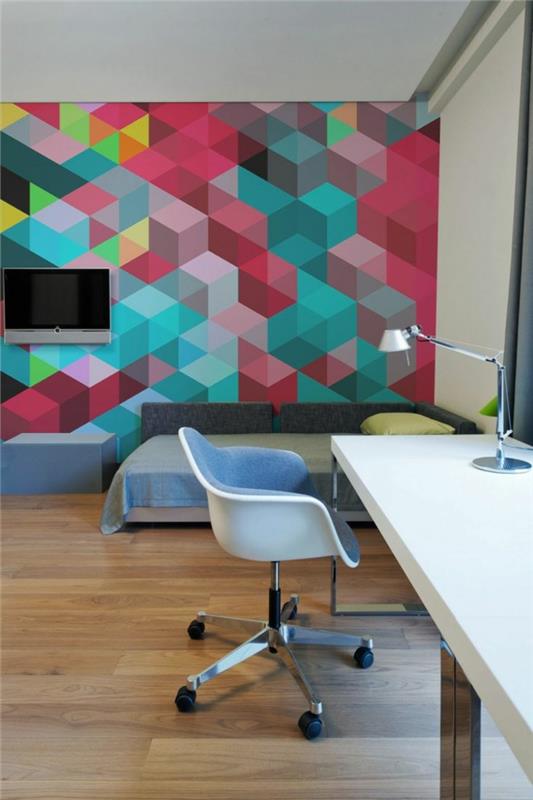 nasıl-geometrik-duvar kağıdı-leroy-merlin-goblen-renkli-in-the-modern-oturma odası