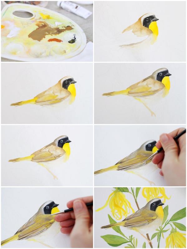 naturalistična slika akvarela lepe ptice na veji, narejena z veliko natančnostjo