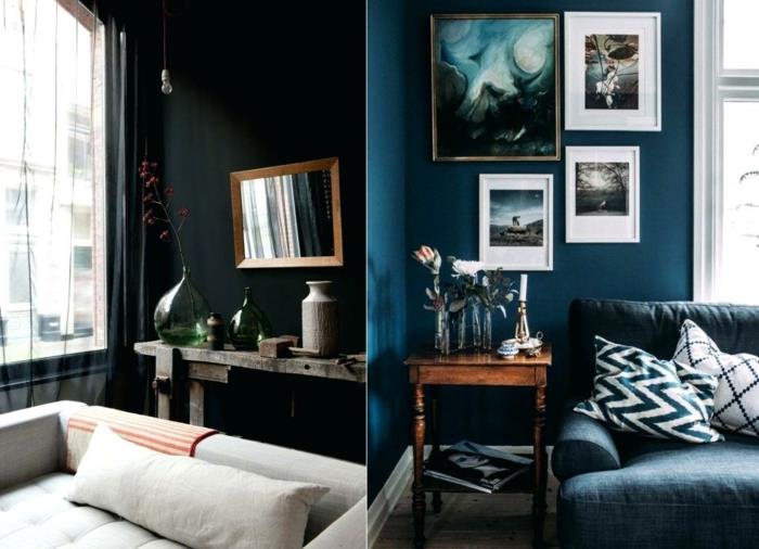 svetainės dekoro idėja, mėlyna arba juoda svetainės kambario spalva, grafinės pagalvėlės, senoviniai konsoliniai stalai