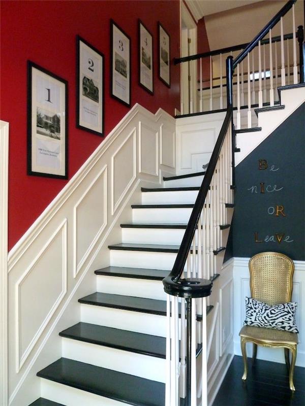 kako pobarvati stopnišče v 2 barvah rdeče -bele črne stopnice zlata blazina za stol v črno -beli barvi