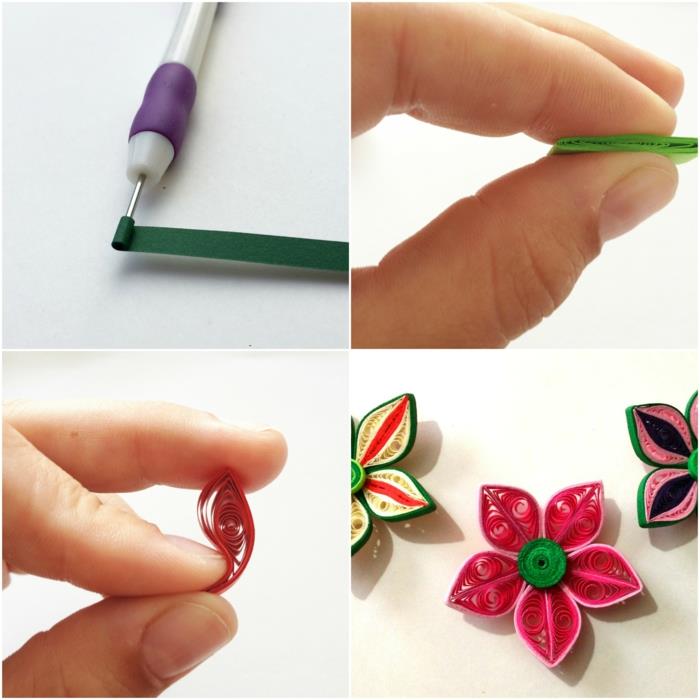 quilling çiçekler yapın, quilling aracıyla şeritleri toplayın, renkli yapraklar