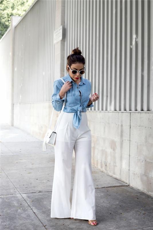 idėja, kaip gerai apsirengti baltomis plačiomis kelnėmis kartu su šviesiais džinsiniais marškinėliais ir plokščiomis basutėmis