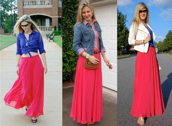 ilgas koralų spalvos sijonas, džinsiniai marškiniai ar balta striukė, ilgo rožinio sijono dėvėjimo būdai