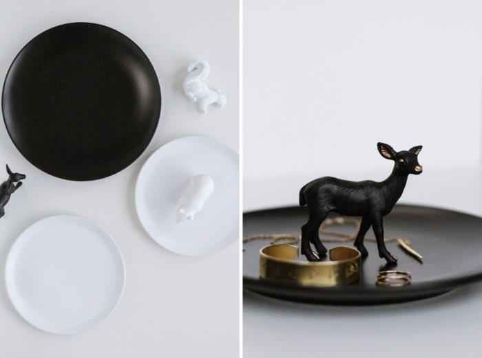 ideja za izdelavo elegantne jedi za nakit, držalo za nakit krožnika, narejeno iz mat črne barve, s figurico srne