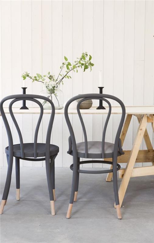 kako prebarvati lesen kos pohištva za eleganten in oblikovalen videz, vintage stoli prebarvani v sivo -sivo na koncih nog v naravnem lesu