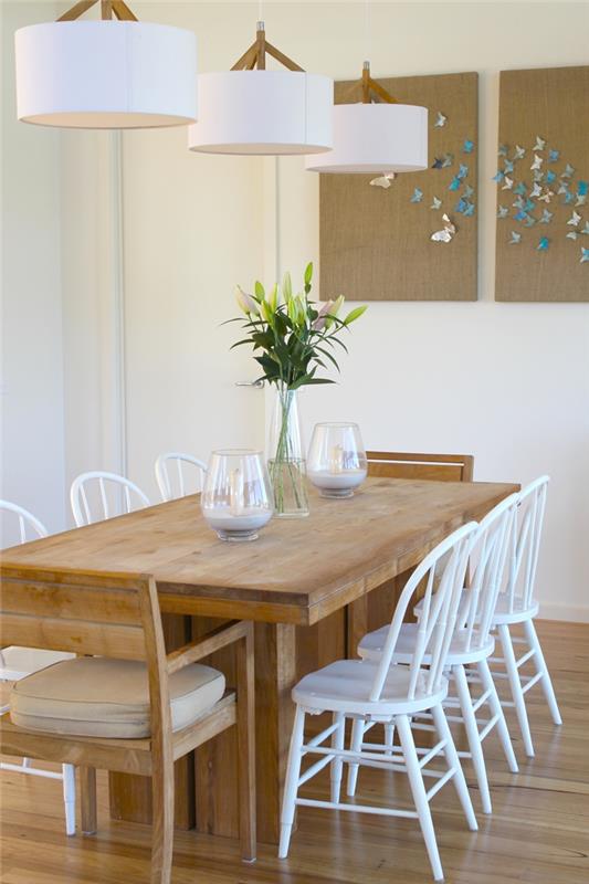 prebarvajte leseno omarico v beli barvi, bele stole v kmečkem vzdušju z dekoracijo iz naravnih materialov