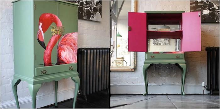 üzerine çizilmiş bir flamingo deseni ile pastel yeşil renkte eski bir mobilya nasıl boyanır, vintage mobilya örneği