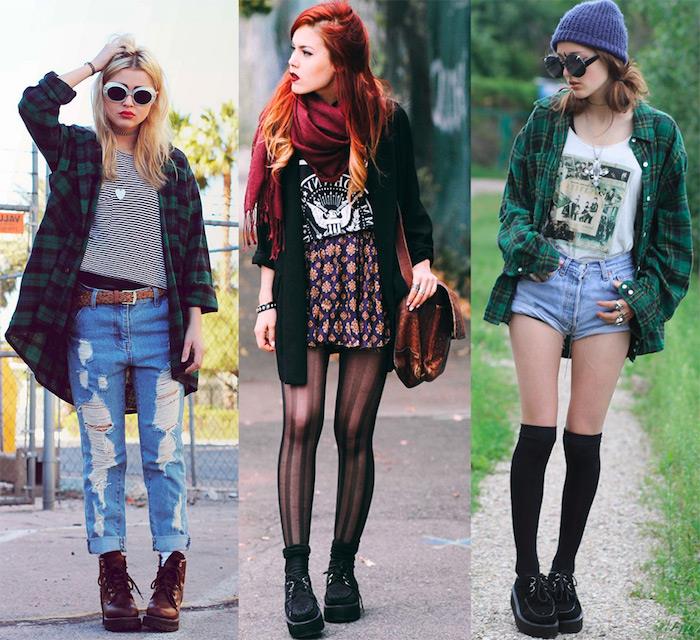 grunge slog, ideja, kako se ujemati z oblačili, denim kratke hlače z belo majico in kvadratna majica v zeleni barvi