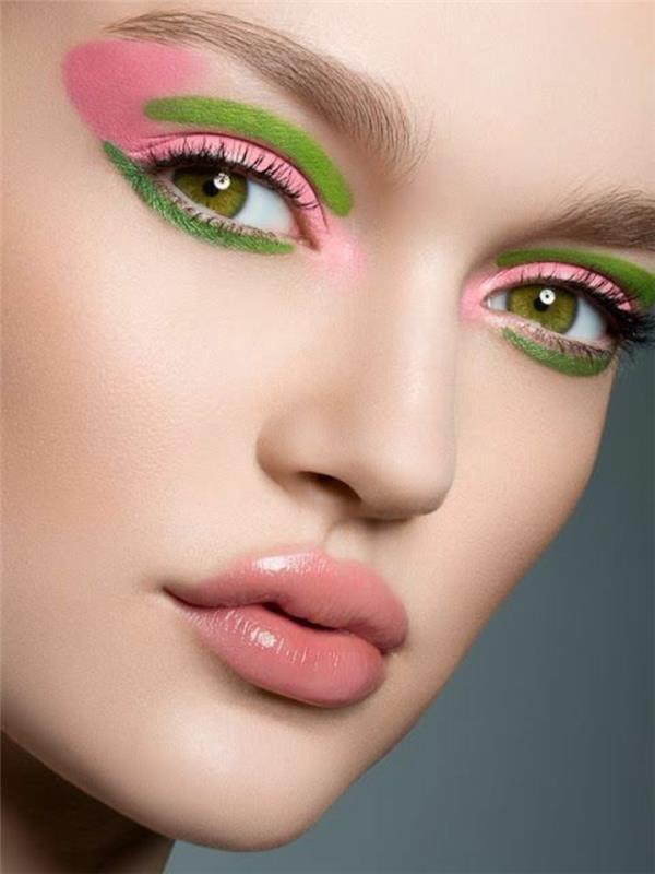ličila za zelene oči v pastelno zeleni in pastelno roza barvi z nevtralnimi sijajnimi ustnicami