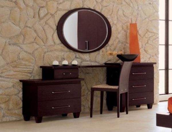 dviejų dalių tualetinis stalas ir apvalus veidrodis