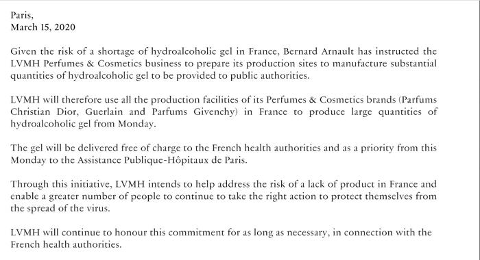 LVMH bir basın açıklamasında grubun parfüm fabrikalarının APHP hastaneleri için hidro-alkollü jel üreteceğini duyurdu