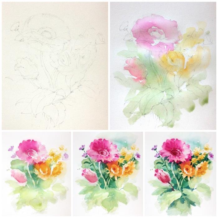 precej cvetlični aranžma v akvarelu, narejen s tehniko mokro na mokro, ki omogoča naravno mešanje barv