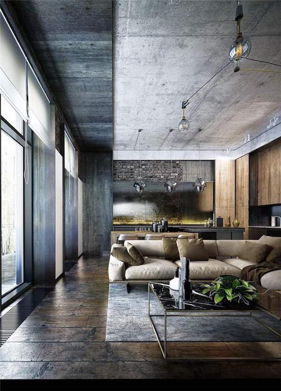modern ev tasarımı baykuş tavan dekorasyonu modern ev dekorasyonu fikri bej kanepe açık mutfak oturma odası