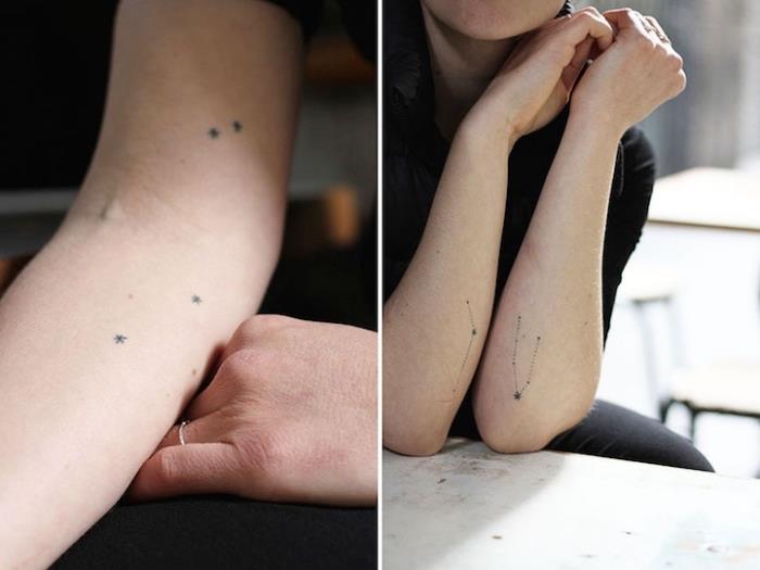 ideja o ženski tetovaži v obliki ozvezdja in ločenih zvezd na ženski roki, minimalistični duh body art