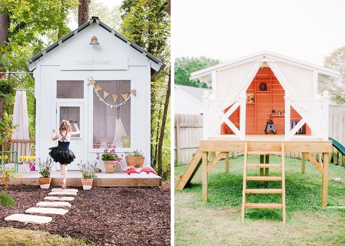 paletno ali leseno kabino naredite sami, zunanji model zavetišča za otroške igre z leseno teraso in lestvijo