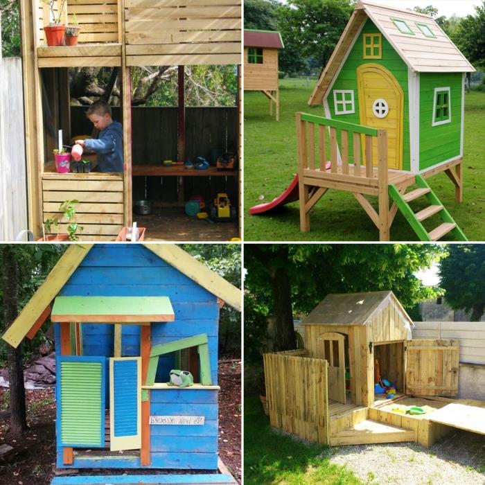 kako zgraditi kočo s paletami, modelirati majhno leseno hišo z zeleno in rumeno fasado z lestvijo