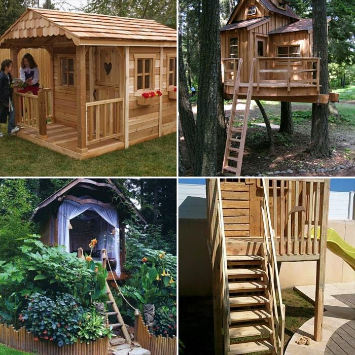 ideja o leseni kabini na podstavkih, model lesene hiše z lestvijo, kako okrasiti majhno hišico na drevesu