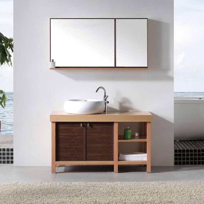 Omara z velikim ogledalom, črna in lesena kopalnica, sodobna in preprosta kopalnica, okrogel umivalnik