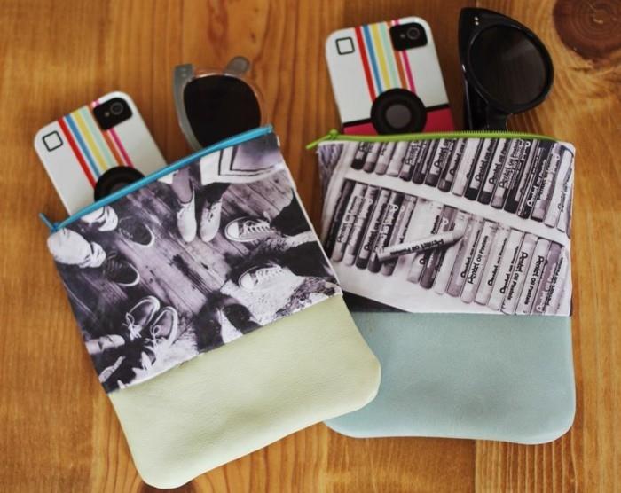 ideje za darila najboljših prijateljev, dve ročno izdelani usnjeni torbici z zadrgo, okrašeni s fotografijami, sončnimi očali in telefoni z ustreznimi pokrovi