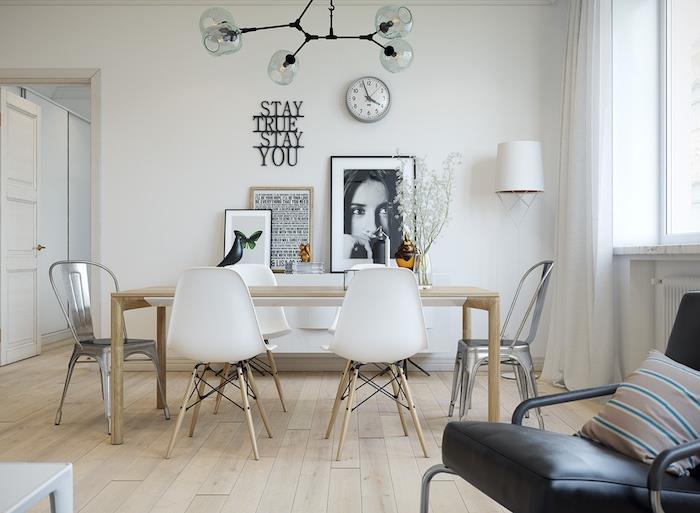Modern oturma odası dekor fikri modern oturma odası dekoru serin Danimarkalı moda beyaz ve ahşap İskandinav dekoru oturma odasında yemek odası