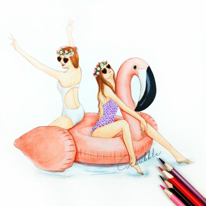 Piešimas geriausios merginos idėjai piešti pripučiamą flamingo baseiną