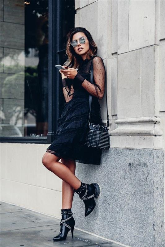 Kupranugarinės kelnės moteris su tuo, kaip atrodyti, juodų kulkšnių batų tendencija 2017 m. Rudens juoda nėrinių suknelė