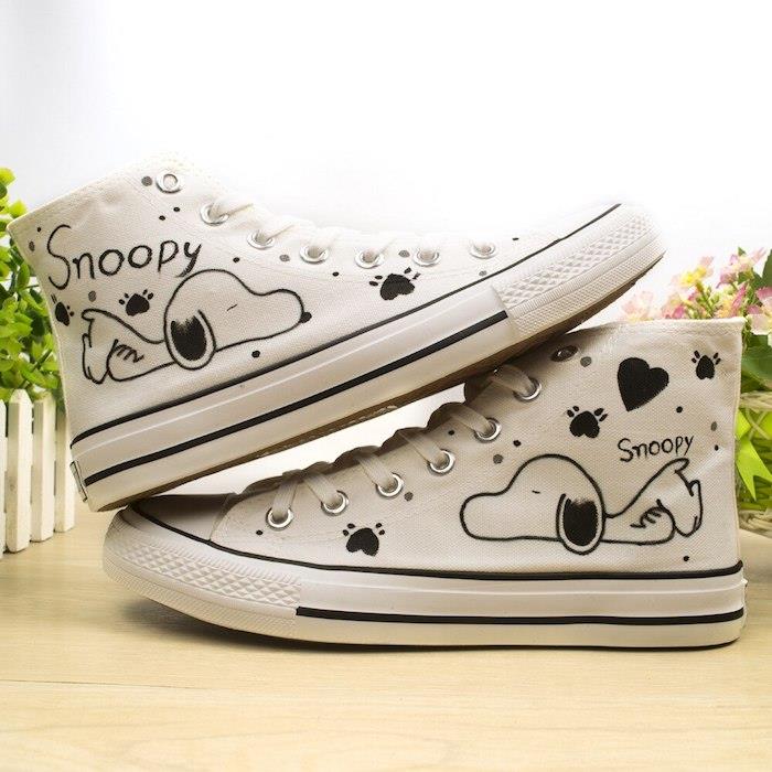 Converse snoopy risanje črnega peresa na belo košarko, prilagodljivo košarko Snoopy in arašidi, originalno poslikavo čevljev