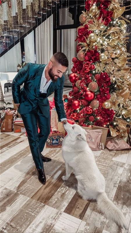 Malumos žalios mėlynos spalvos satino kostiumas, gražus elegantiškas Kalėdų drabužis, vyras ir jo šuo, idėja, kaip gerai apsirengti
