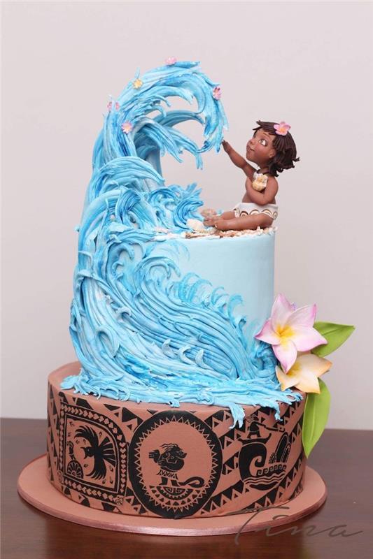 Güzel çocuk doğum günü pastası, Disney Moana pastası ve büyük bir dalga, erkek ya da kız doğum günü pastası