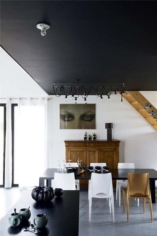 havalı modern yemek odası fikirleri siyah ahşap merdiven siyah tavan modern iç tasarım trendleri 2020