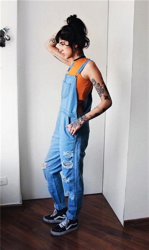 Hlače iz denim dungarees, stil oblačenja 90. let, obleka za ženske v 90. letih