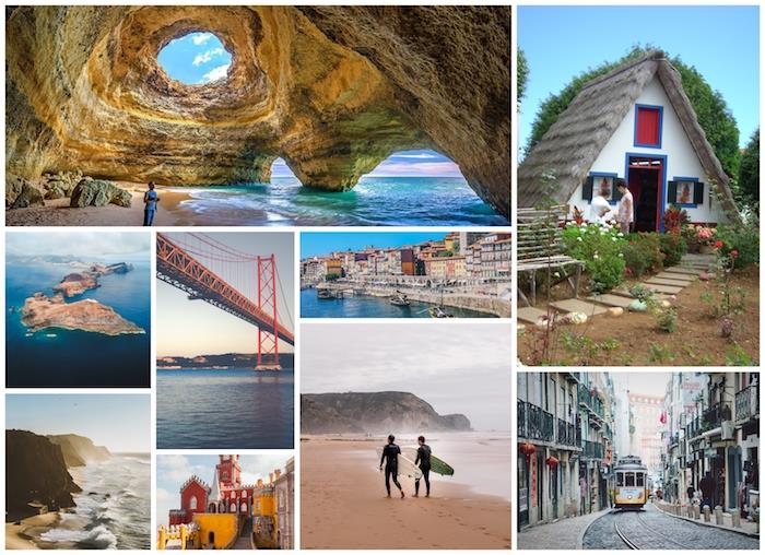 Portugalska in njeni osupljivi razgledi, jama Algarve, pogled na Madeiro na morje, moški z deskanjem, lizbojski rumeni tramvaj