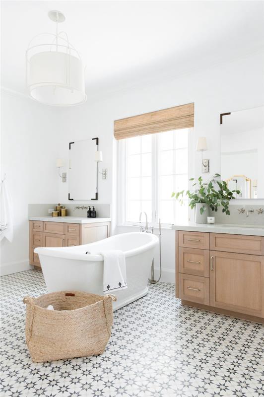 Lesena omarica za umivalnik v dveh, kopalnica zen, lesena in bela zasnova kopalnice 2019, košara za shranjevanje, dve ogledali, zelene rastline